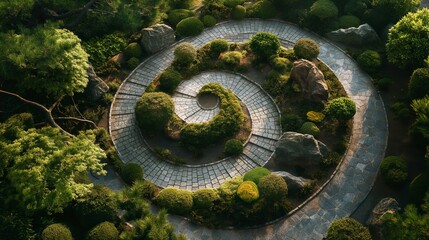 Fototapeta premium A Japan garden top aerial view, spiral design, the walking road like a twisted spiral
