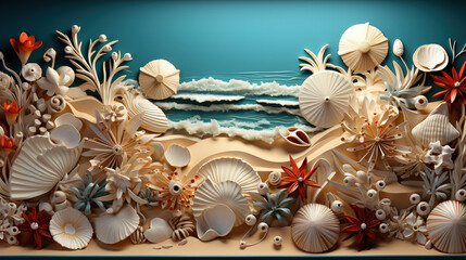 Naklejka premium beautiful cluster frame, intricately embellished with beach elements detailed and realistic digital artwork