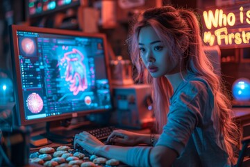 Fototapeta premium young blonde woman with pink hair working at night with a computer in night