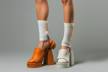 Beautiful female legs in mismatched trendy socks posing in two different fashionable high wedge leather sandals on gray background. Odd disorganized young girl wearing high sole summer stylish shoes