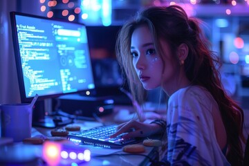young blonde woman with pink hair working at night with a computer in night - Powered by Adobe