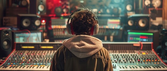 A sound technician adjusting audio levels in a contemporary recording studio, wearing stylish attire and big headphones, seen from behind