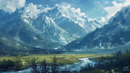 Fototapeta premium majestic snowcapped mountains serene river valley painterly landscape illustration