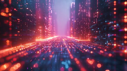 Obraz premium Futuristic AI-driven network, floating data points and lines, luminous neon colors, sleek digital design, detailed 3D visualization, modern cyber architecture, high-tech aesthetic.
