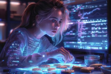 young blonde woman with pink hair working at night with a computer in night
