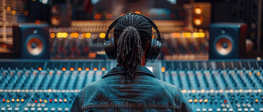 A sound technician adjusting audio levels in a contemporary recording studio, wearing stylish attire and big headphones, seen from behind
