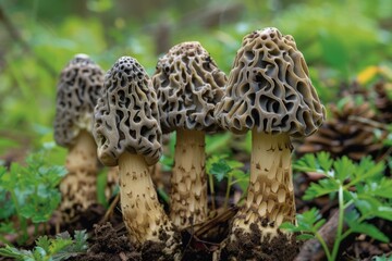 Cluster of Morel Mushrooms in Forest