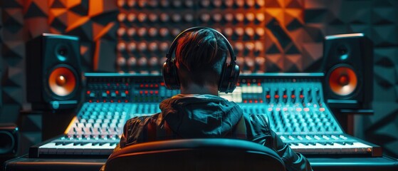 A sound technician adjusting sound levels in a sleek studio, stylish clothes and big headphones, seen from behind