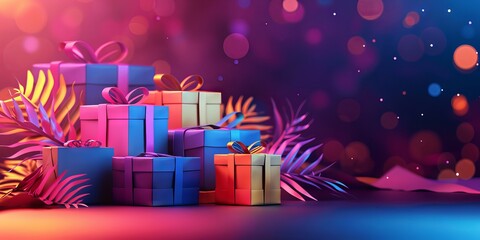 Colorful gift boxes under festive lights with bokeh background, perfect for holiday, celebration, and birthday themes.