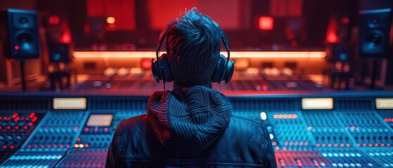 A sound technician focused on audio mixing in a contemporary recording studio, stylish outfit and large headphones, seen from behind