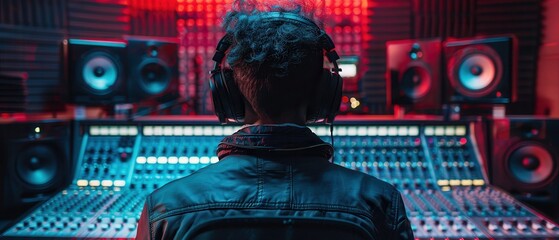A sound technician focused on editing music in a hightech recording studio, fashionable outfit and big headphones, from behind