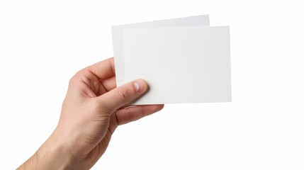 Obraz premium male hand holding two blank sheets of paper tickets flyers invitations coupons or banknotes cut out on white