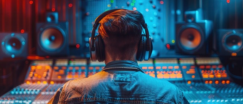 A sound technician focused on audio mixing in a contemporary recording studio, stylish outfit and large headphones, seen from behind
