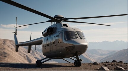 Rendering of a cargo helicopter delivering cargo to remote and rugged areas of rocky landscapes