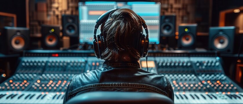 A sound technician sitting at a mixing console in a contemporary recording studio, stylish attire and large headphones, seen from behind