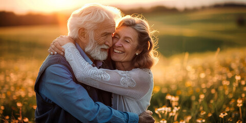 Fototapeta premium Elderly couple embracing in a meadow portrait, embodying romance, love, and togetherness amidst nature