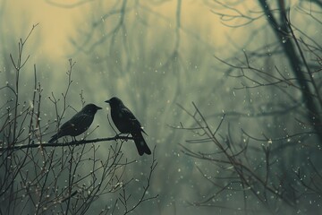 Two Birds on Branch in Winter Snowfall