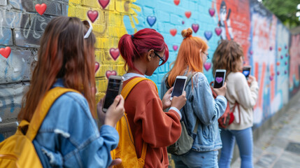 Multiracial teenagers holding mobile phones watching video, chatting, communication online. Technology addiction, social media concept. Gen Alpha kids. Generative ai.