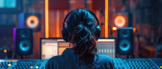 An individual adjusting sound levels in a sleek recording studio, stylish attire and large headphones, back view