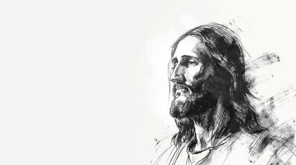 minimalist sketch of jesus christ on white background with ample copy space