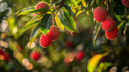 Obraz premium Ripe lychees hang from lush trees under the sun, shining and ready to burst. 