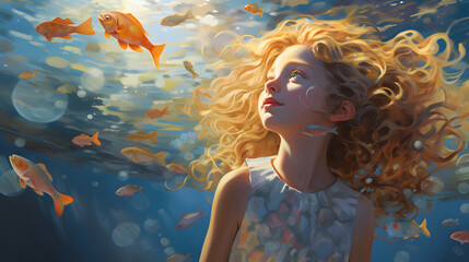 Woman Swimming Underwater Surrounded by Fish