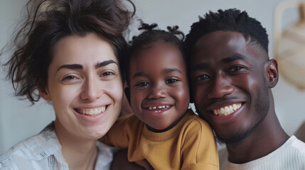 Happy smiling diverse family, multicultural adult couple. African american man and white caucasian woman with little child. The concept of mixed marriage and family. Generative ai.