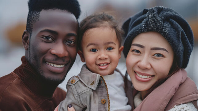 Happy smiling diverse family, multicultural multiracial adult couple, asian woman and African American man with little child. Concept of mixed marriage and family. Generative ai.