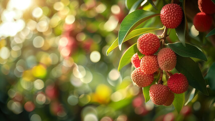 Ripe lychees hang from lush trees under the sun, shining and ready to burst. 