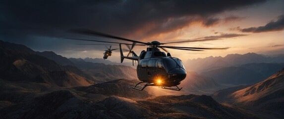 Rendering of a cargo helicopter delivering cargo to remote and rugged areas of rocky landscapes