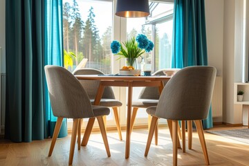 Modern Dining Room With Teal Curtains and Natural Light