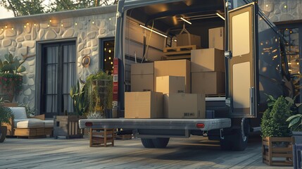 truck filled with boxes, moving or delivering cargo