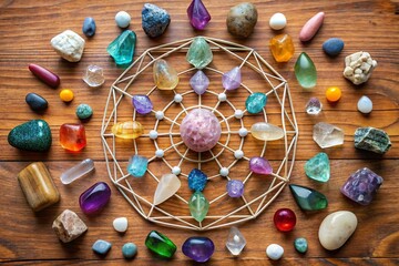 healing crystal grid arranged in circle. new age spiritual practice
