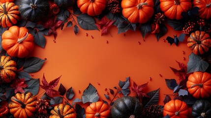 Fototapeta premium Happy Halloween holiday concept. Halloween decorations, pumpkins, bats, maple leaves on orange background. Minimal style. Flat lay, top view.