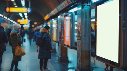 Fototapeta premium Blank white digital sign billboard poster mockup in train station during evening. Empty advertisement light box on the underground subway hall. Generative ai.