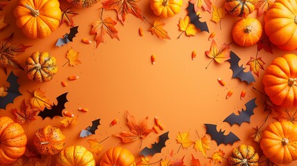 Happy Halloween holiday concept. Halloween decorations, pumpkins, bats, maple leaves on orange background. Minimal style. Flat lay, top view.