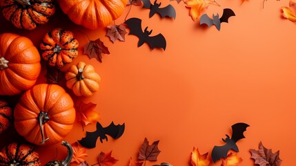 Happy Halloween holiday concept. Halloween decorations, pumpkins, bats, maple leaves on orange background. Minimal style. Flat lay, top view.