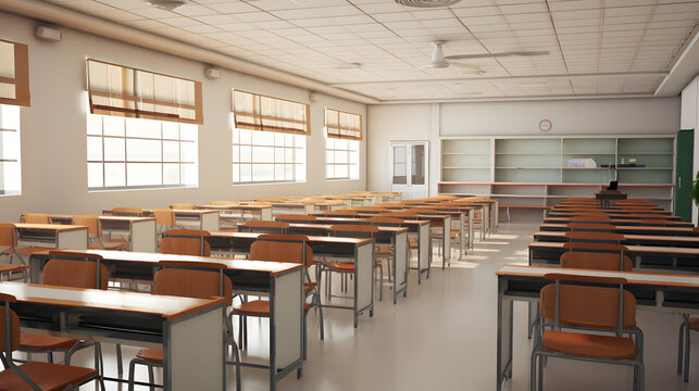 Empty Classroom with Wooden Desks and Sunlight Filtering Through Windows