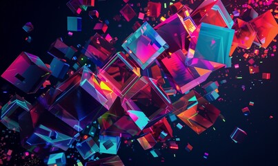 Colorful 3D cubes with neon lights on dark background. Abstract geometric composition.