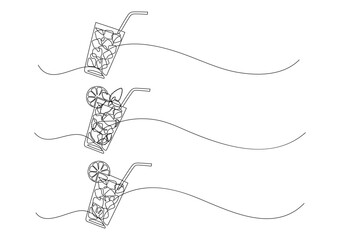 Set of glass of lemonade, mojito, or cocktail and water. Continuous line drawing.