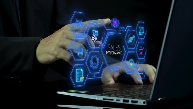 Sales performance management concept. Strategic Decision Making for Operations Management, increase sales and business growth. Businessman hand showing glowing neon line sales performance icons.