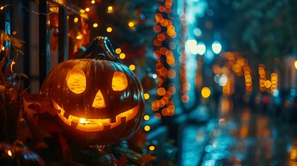 Obraz premium A spooky pumpkin glowing in the rain with a creepy street in the background