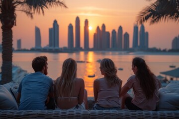 Fototapeta premium Friends relaxing on an outdoor sofa overlooking a city skyline by the sea at sunset