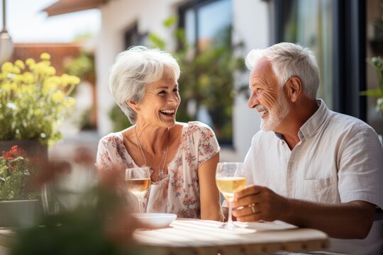 Mature friends having a good time, having a drink on a terrace in summertime