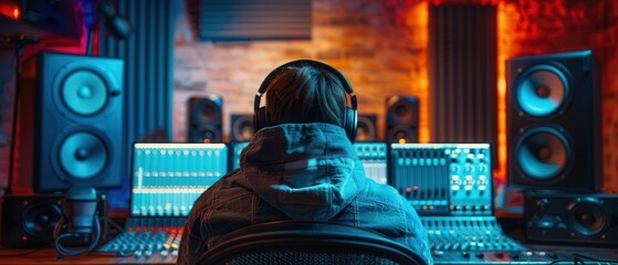 An individual working on sound editing in a hightech recording studio, fashionable outfit and large headphones, from behind