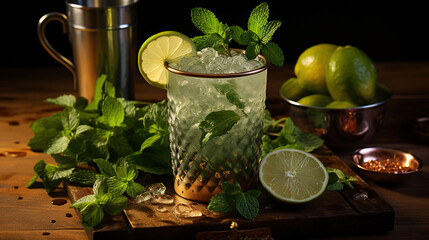 moscow mule, camera cookbook style, copper colored background
