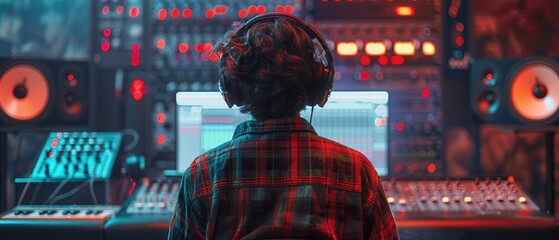 An individual working on sound editing in a hightech recording studio, fashionable outfit and large headphones, from behind