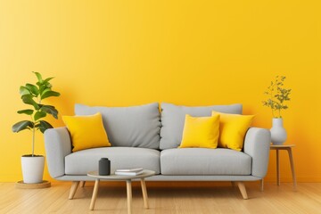 Gray Couch With Yellow Pillows in a Room With a Yellow Wall