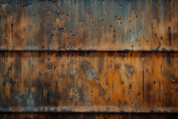 Processed collage of old rusty metal sheet texture in daylight. Background for banner