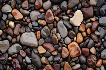 Processed collage of wet pebble stones on asphalt texture. Background for banner, backdrop